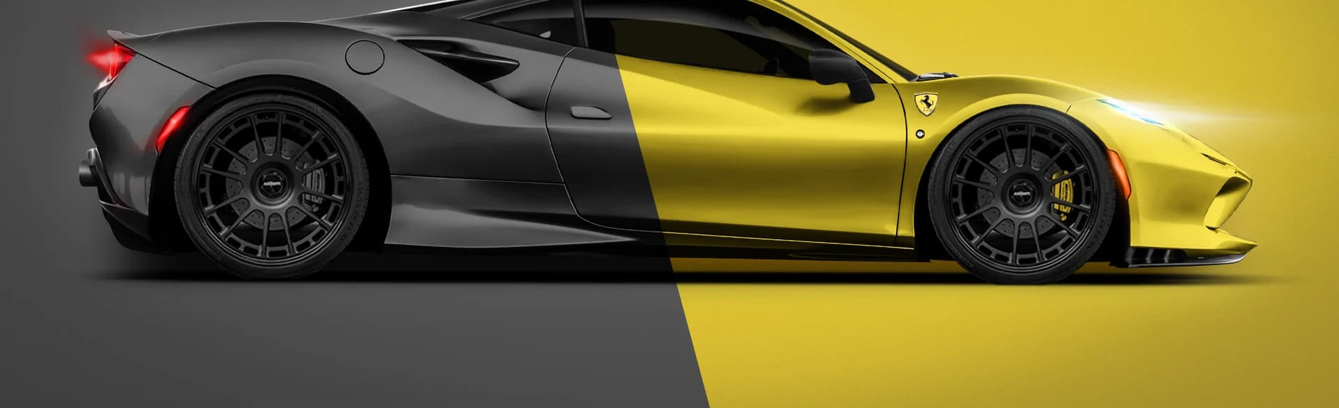 Voiture de sport habillée moitié noir mat, moitié jaune brillant